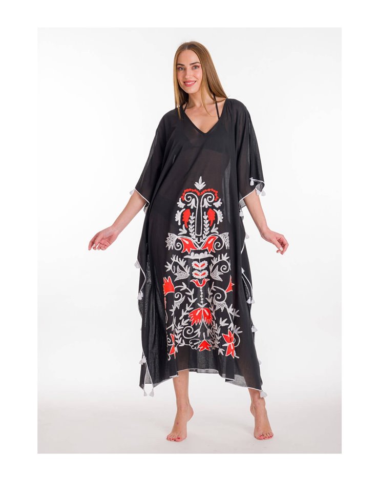 KAFTAN VISCOSE WITH EMBROIDERY & EMBELLISHED NECKLACE